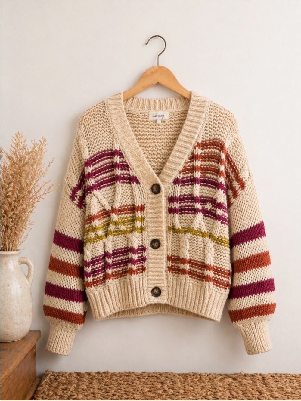 Sadie & Sage Colorful Striped Knit Cardigan pink, rust, green